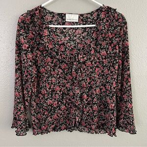 VTG Premiere Collection Ditsy Floral Ruffle Lettuce Hem Top Sz XL Semi Sheer 90s